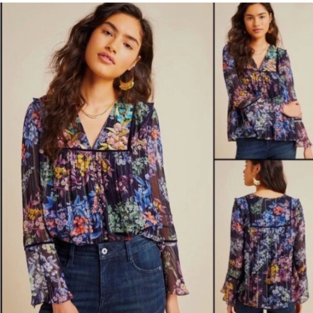 Vineet Bahl Anthropologie Bell Sleeve Vivienne Floral Embroidered Fairy Top Sz.S